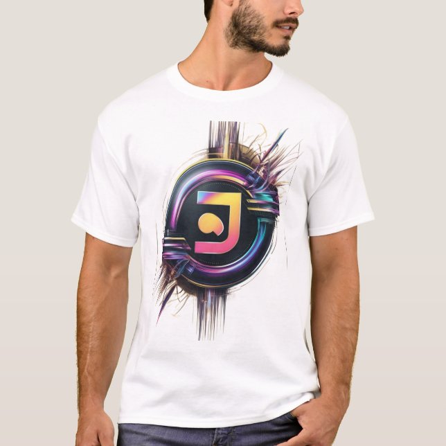 Futuristic Neon Tech Logo – Digital Art Print T-Shirt (Front)