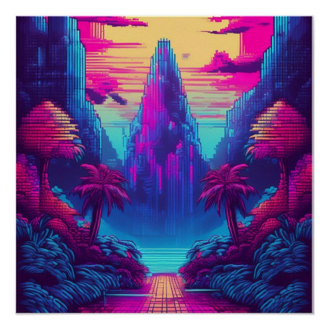 Futuristic Neon Tropical Scene – Sci-Fi Nature Art Poster (Front)
