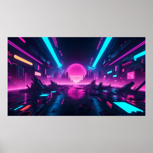 Futuristic Neon Vaporwave City Horizon Synthwave Poster (Front)