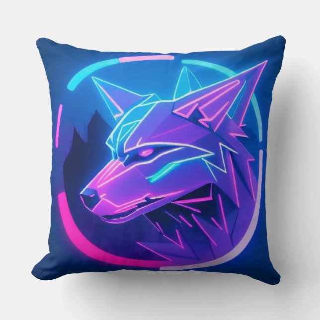 Futuristic Neon Wolf Face in Geometric Art Cushion (Front)
