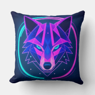 Futuristic Neon Wolf Face in Geometric Art Cushion