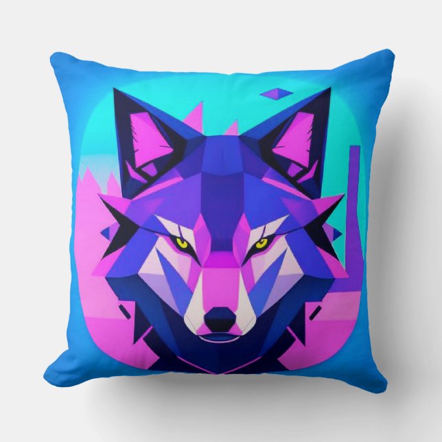 Futuristic Neon Wolf Face in Geometric Art Cushion (Front)