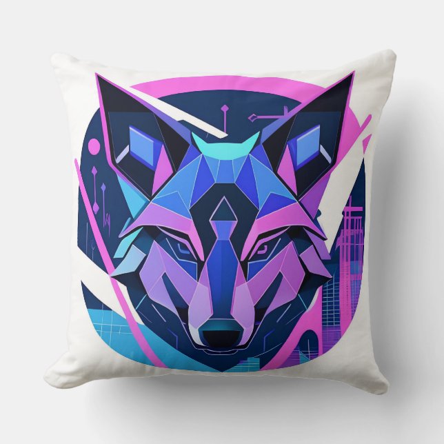 Futuristic Neon Wolf Face in Geometric Art Cushion (Front)