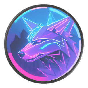 Futuristic Neon Wolf Face in Geometric Art Hockey Puck