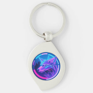 Futuristic Neon Wolf Face in Geometric Art Key Ring