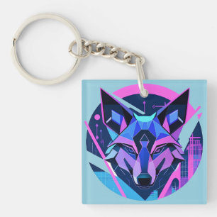 Futuristic Neon Wolf Face in Geometric Art Key Ring