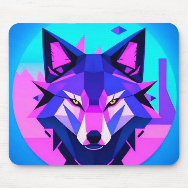 Futuristic Neon Wolf Face in Geometric Art Mouse Mat (Front)