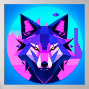 Futuristic Neon Wolf Face in Geometric Art Poster