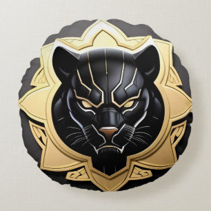 Futuristic Panther Emblem with Metallic Details Round Cushion