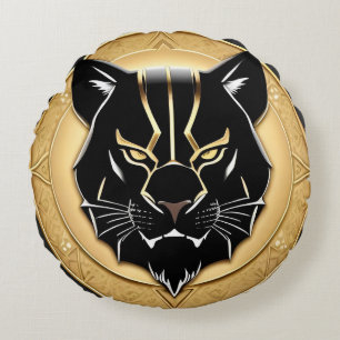 Futuristic Panther Emblem with Metallic Details Round Cushion