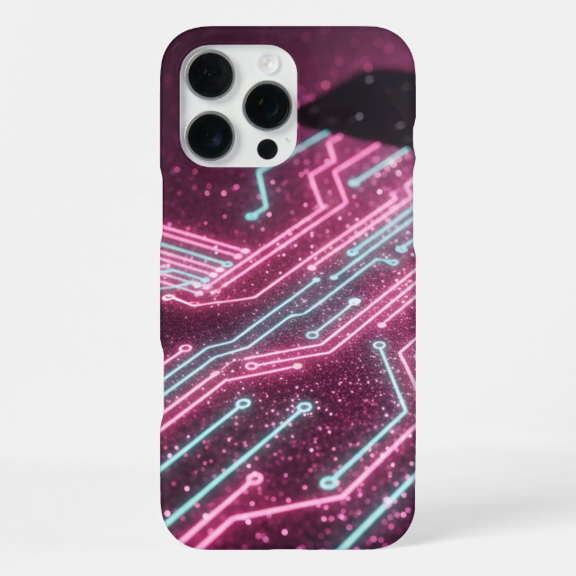 Futuristic Pink Glitter Cyber Circuit iPhone 16 Ca Case (Back)