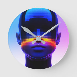Futuristic Pixel Art Portrait – Digital Abstract Round Clock