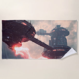 Futuristic platforms in the clouds at twilight beach towel