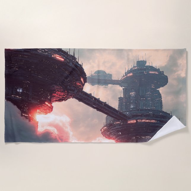 Futuristic platforms in the clouds at twilight beach towel (Front)