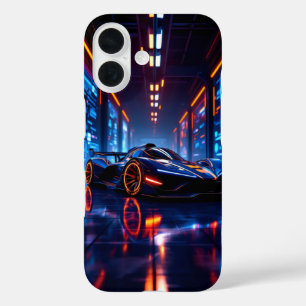 Futuristic racing car in neon garage iPhone 16 case