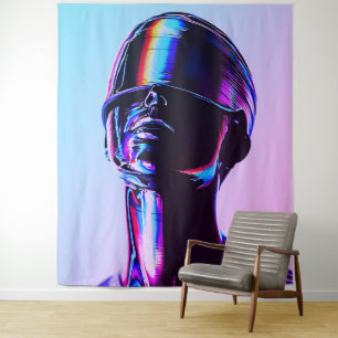 Futuristic Rainbow Chrome Portrait Wall Art Tapestry
