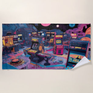 Futuristic Retro Arcade in Outer Space Beach Towel