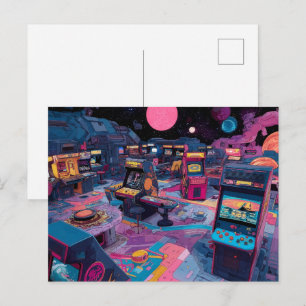 Futuristic Retro Arcade in Outer Space Postcard