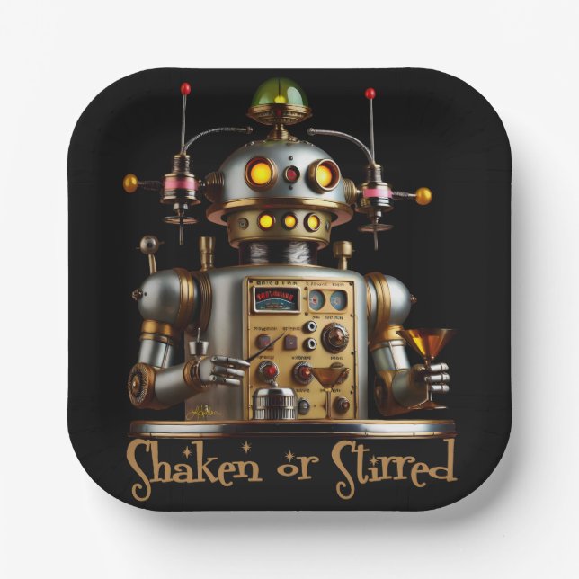 Futuristic Robot Bartender "Shaken or Stirred" Paper Plate (Front)