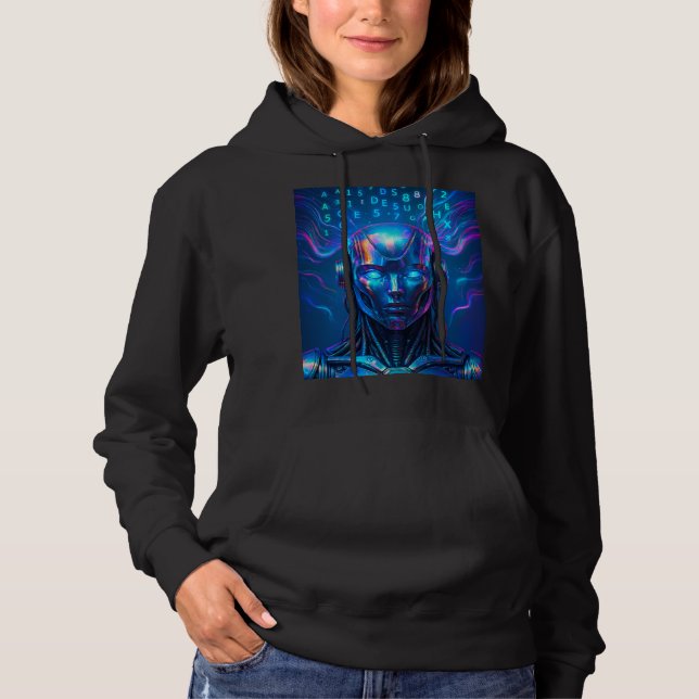 futuristic robot, cyberpunk AI, glowing blue eyes, Hoodie (Front)