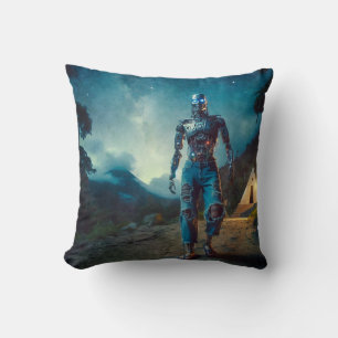 Futuristic Robot in Ancient Landscape Cushion