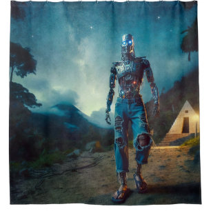 Futuristic Robot in Ancient Landscape Shower Curtain