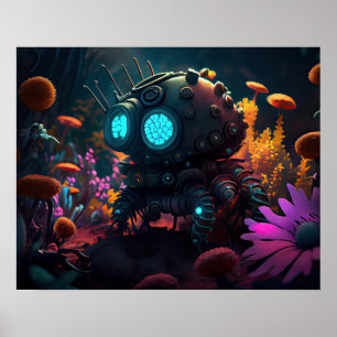 Futuristic Robot Surrounded By Flowers Poster
