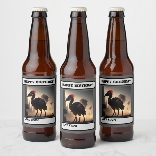 Futuristic Robotic Emu, Birthday Beer Bottle Label (Bottles)