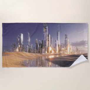 Futuristic Sci-Fi City Reflected In Desert Sands Beach Towel