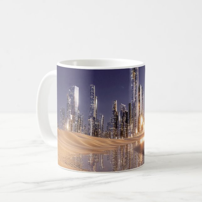 Futuristic Sci-Fi City Reflected In Desert Sands Coffee Mug (Front Left)