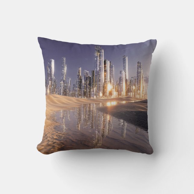 Futuristic Sci-Fi City Reflected In Desert Sands Cushion (Front)