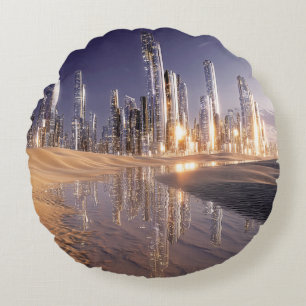 Futuristic Sci-Fi City Reflected In Desert Sands Round Cushion
