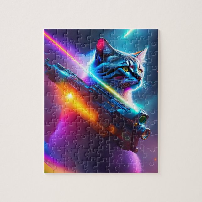 Futuristic Sci-Fi Warrior Cat With Laser Gun Jigsaw Puzzle (Vertical)