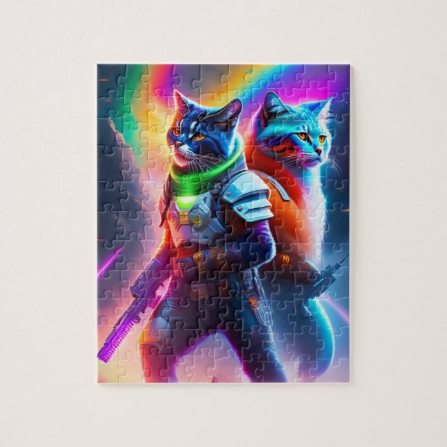 Futuristic Sci-Fi Warrior Neon Cats With Laser Gun Jigsaw Puzzle (Vertical)