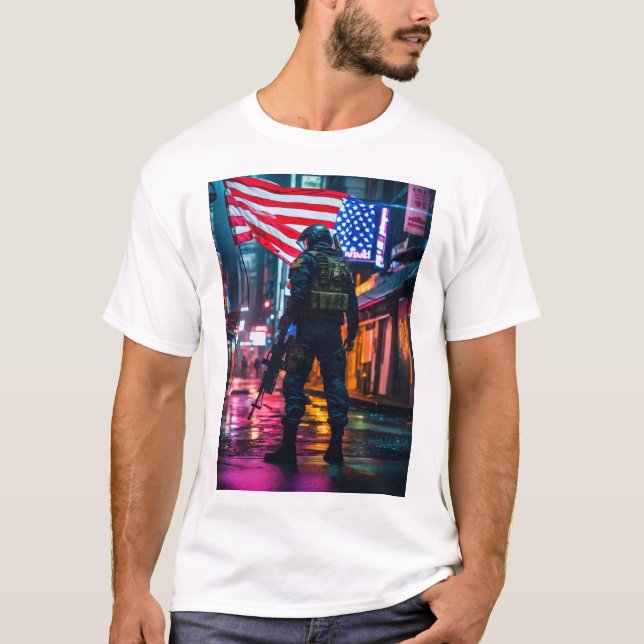 futuristic soldier American flag picture man's  T-Shirt (Front)