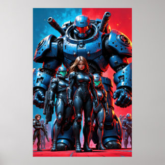 Futuristic soldiers and armoured robot in a scienc poster