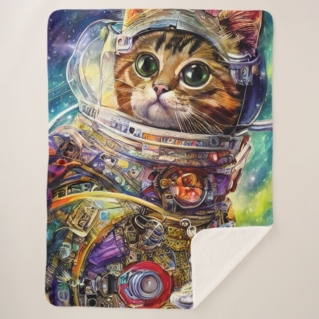 Futuristic Space Cat Sherpa Blanket (Front)