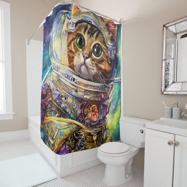 Futuristic Space Cat Shower Curtain (In Situ)