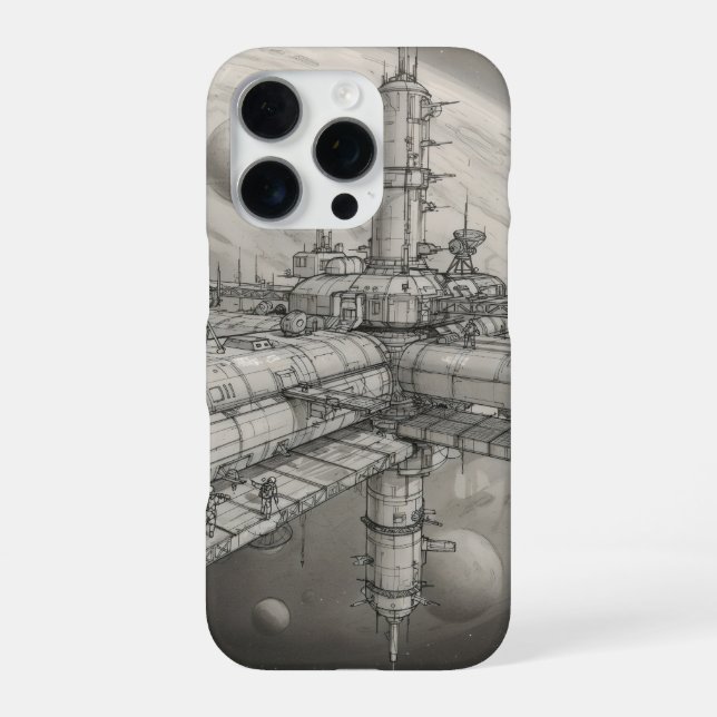 Futuristic space station orbiting a distant planet iPhone case (Back)