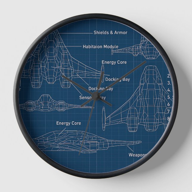 "Futuristic Spacecraft Blueprint Art" Clock (Front)