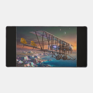 Futuristic Steampunk Biplane Over Alien World Desk Mat