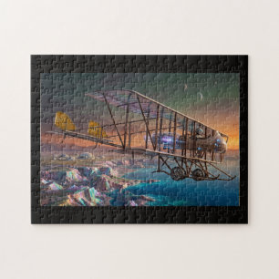 Futuristic Steampunk Biplane Over Alien World Jigsaw Puzzle
