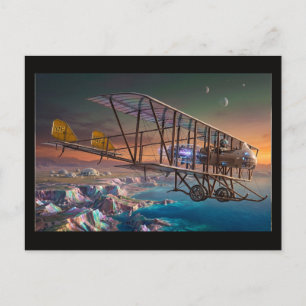 Futuristic Steampunk Biplane Over Alien World Postcard