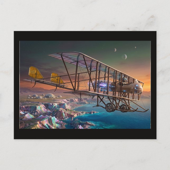 Futuristic Steampunk Biplane Over Alien World Postcard (Front)