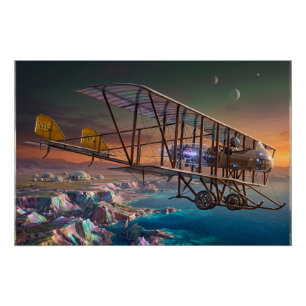 Futuristic Steampunk Biplane Over Alien World Poster