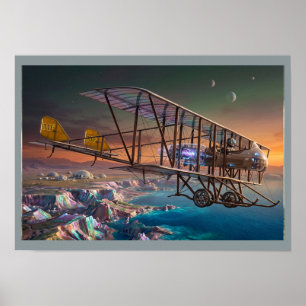 Futuristic Steampunk Biplane Over Alien World Poster