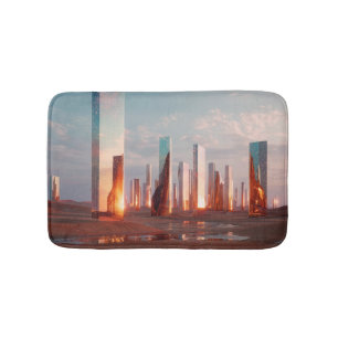 Futuristic Surreal Mirror Towers In Desert Bath Mat