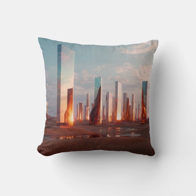Futuristic Surreal Mirror Towers In Desert Cushion (Front)