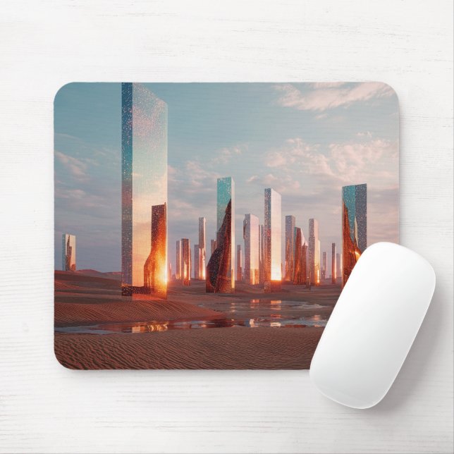 Futuristic Surreal Mirror Towers In Desert Mouse Mat (With Mouse)