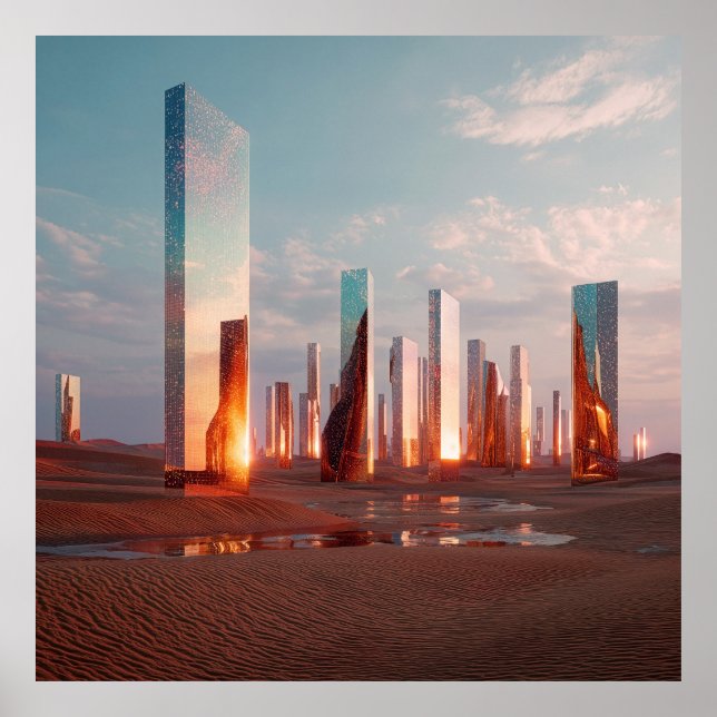 Futuristic Surreal Mirror Towers In Desert Poster (Front)
